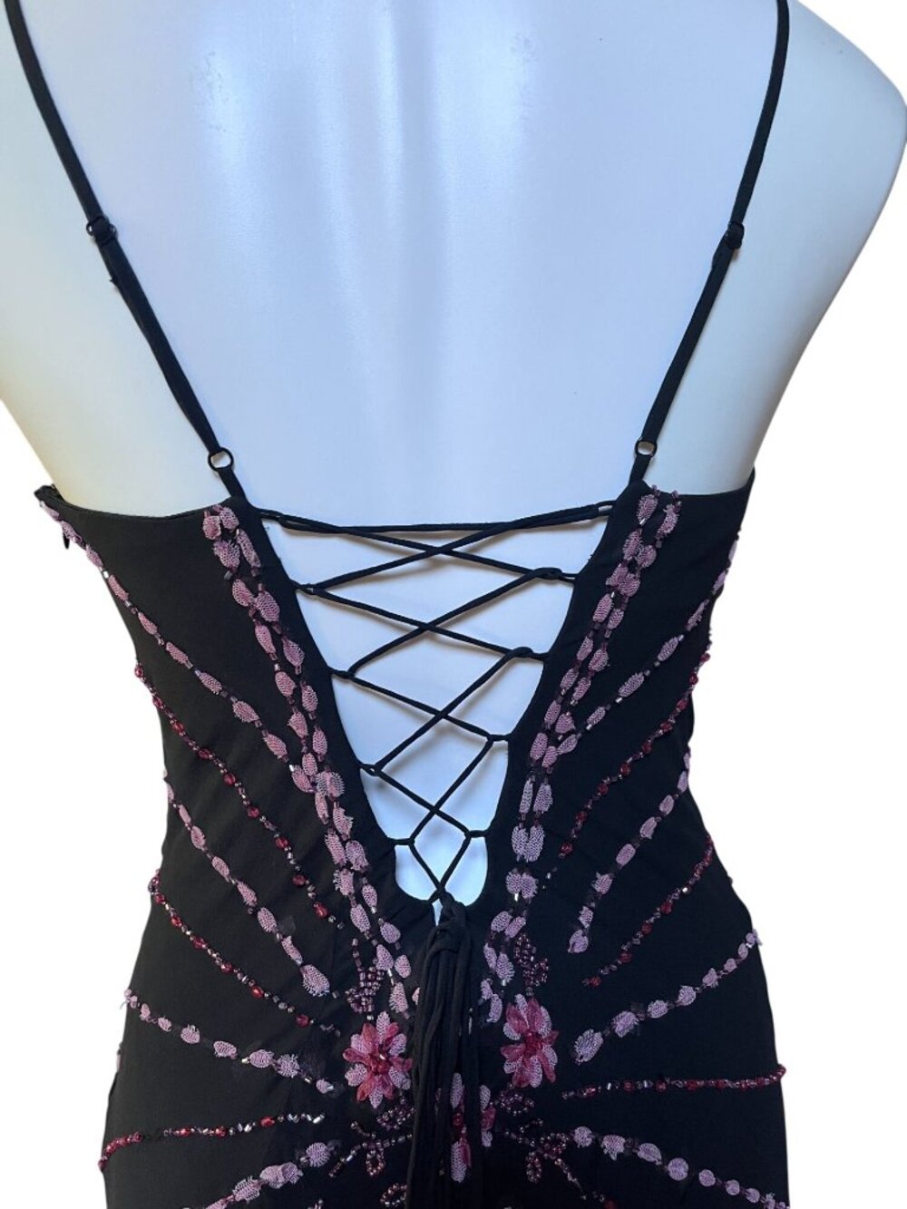 Sue Wong Silk Y2K Fairy Dress Pink Floral Beading Handkerchief Hem Lace-Up Back - Picture 10 of 11